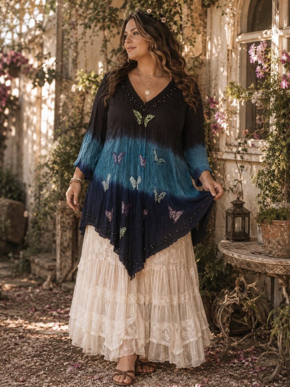 Butterfly Ombre Crinkle Tunic Top | Boho Fairycore Embellished Blouse